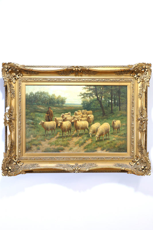 Oil Painting of a Shepherd with Sheep in a Landscape