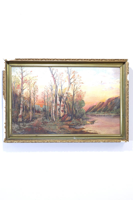 Framed Oil Painting of a Birch Forest at Sunset