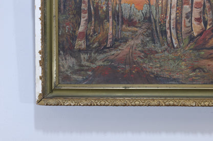 Framed Oil Painting of a Birch Forest at Sunset