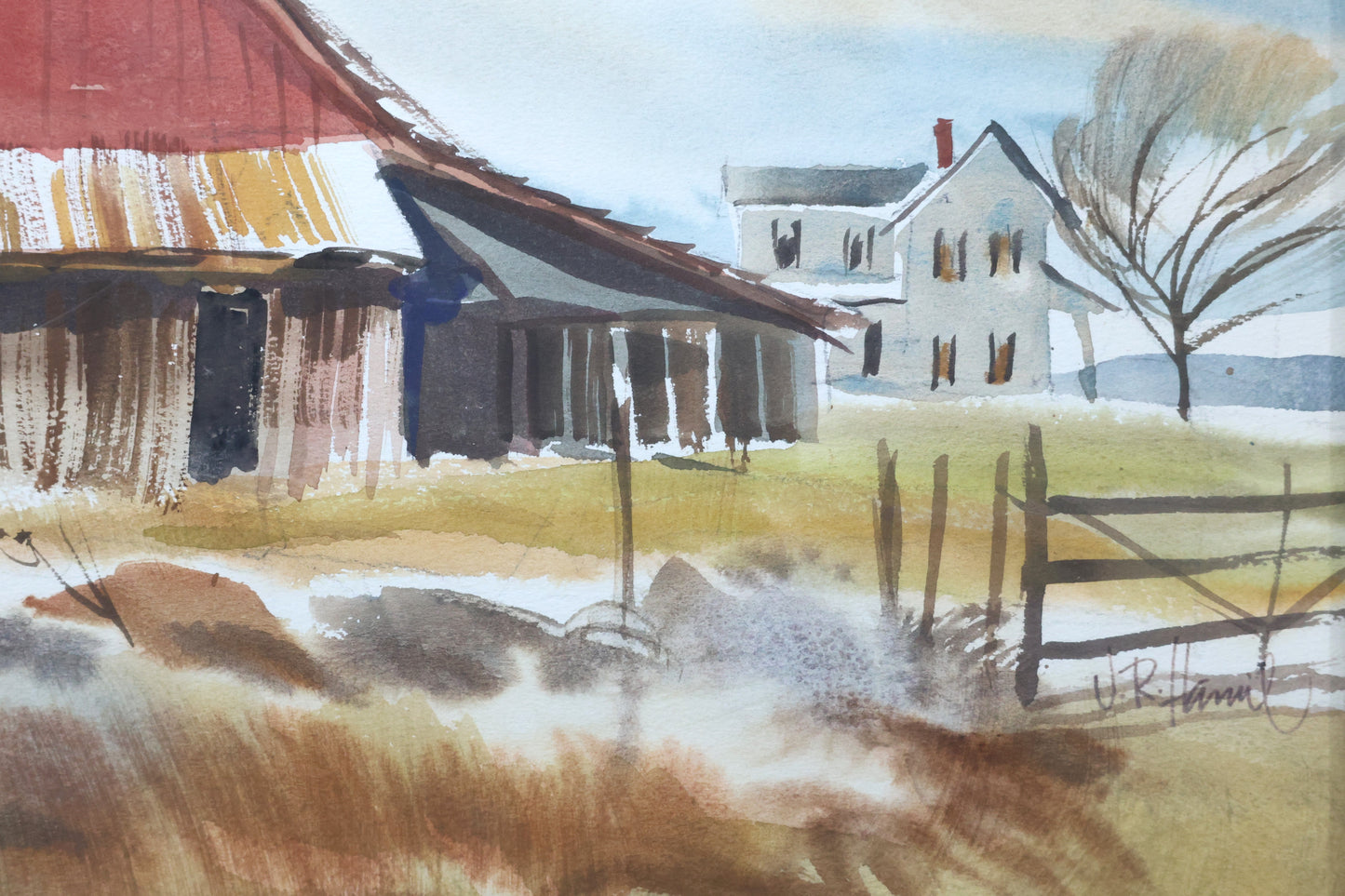 Rural Red Barn with Farmhouse by J.R. Hamil