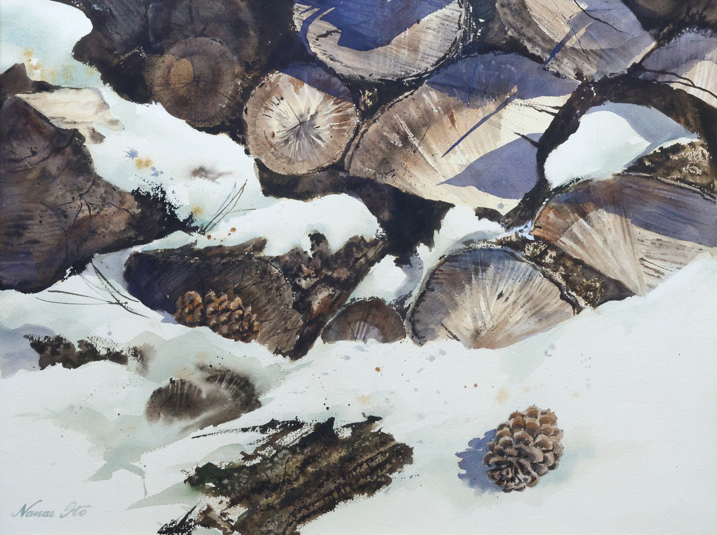 Winter Landscape with Stacked Logs and Pinecones by Nanae Ito