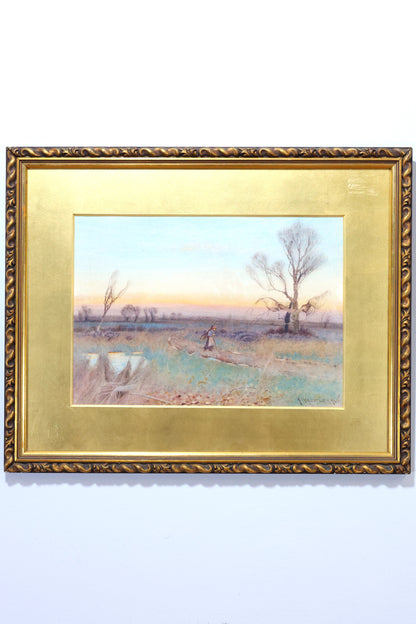 Twilight Landscape with Lone Figure, Signed A. Haselcrave