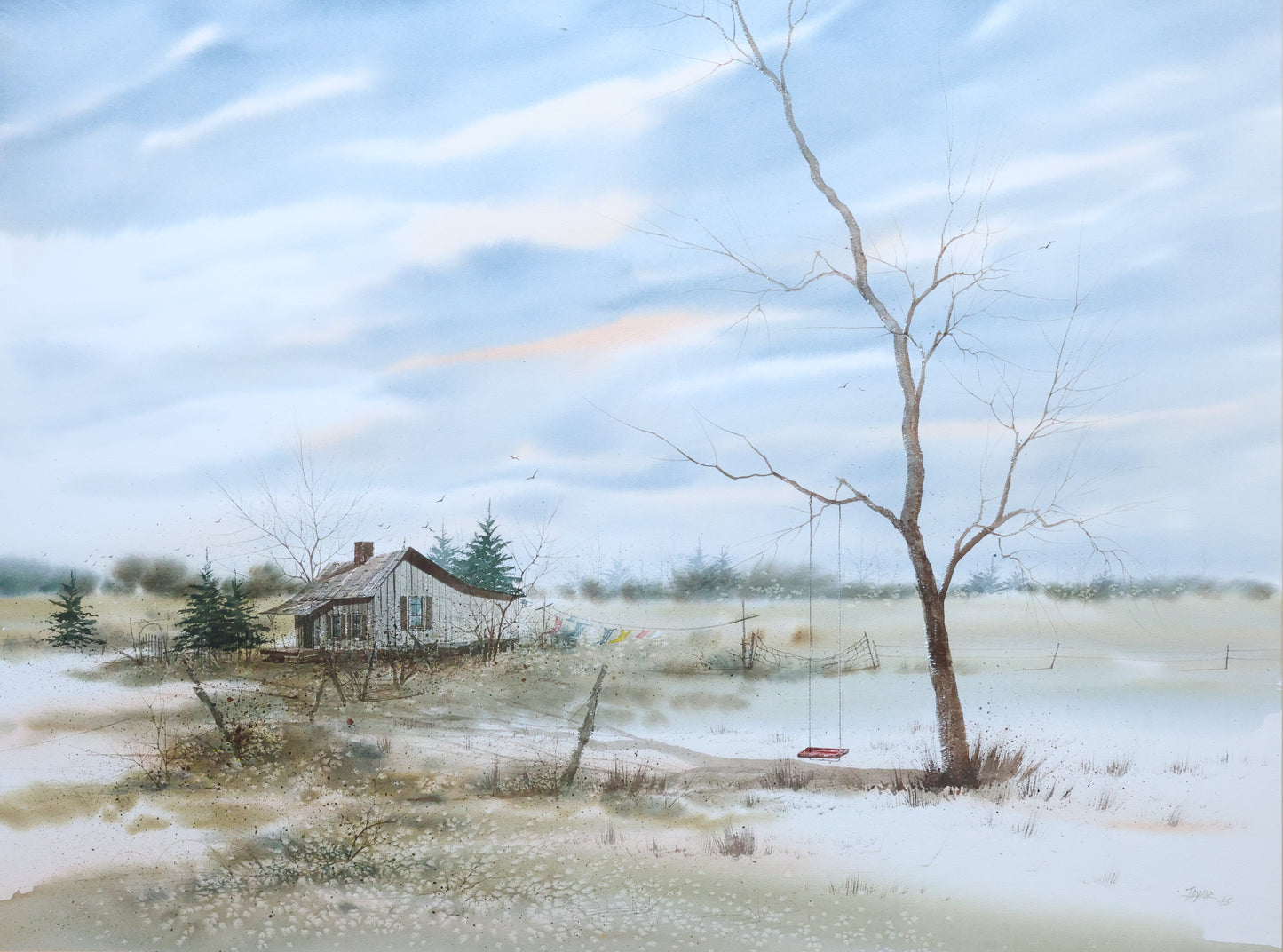 Winter Landscape with Farmhouse, Signed Taylor, 1985