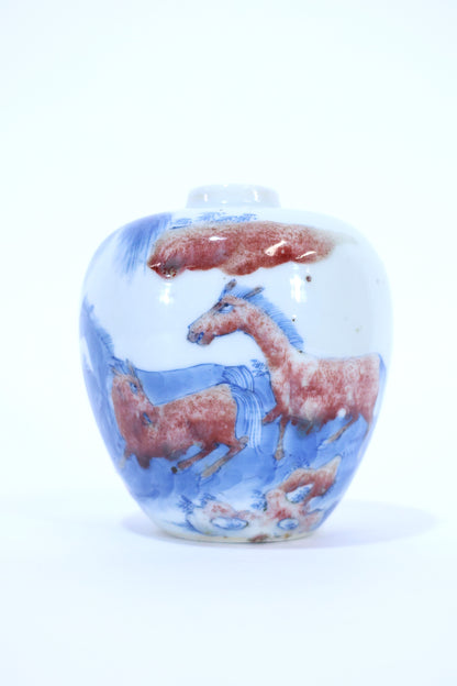 Blue and Red Underglaze Porcelain Jar with Horse Motif