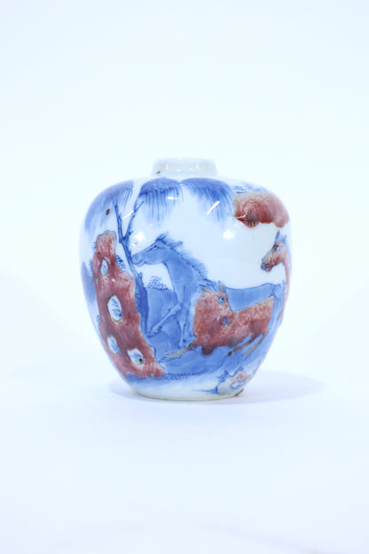 Blue and Red Underglaze Porcelain Jar with Horse Motif