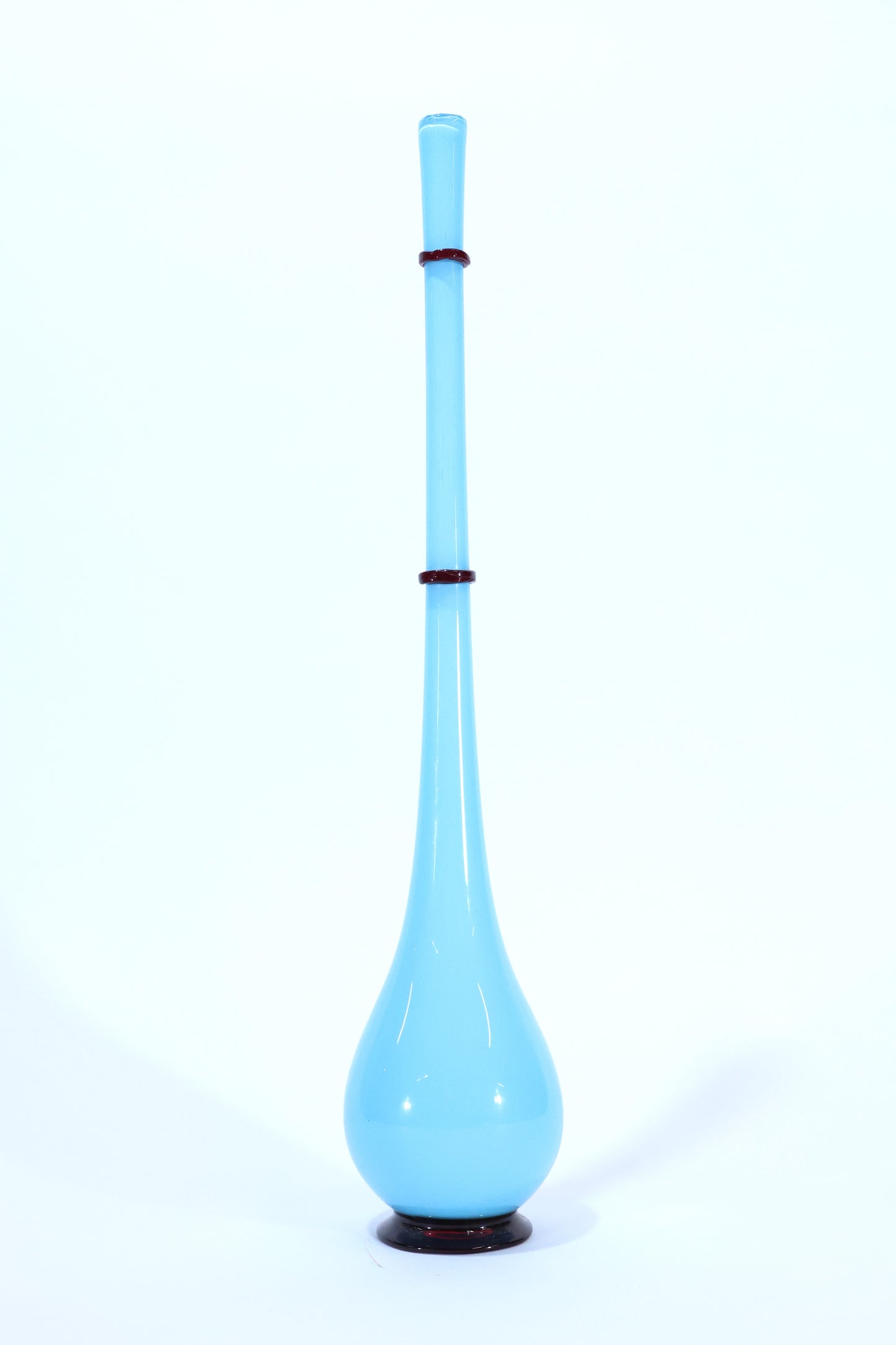 Tall Art Glass Vase in Blue with Dark Red Accents