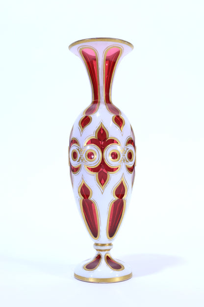 White Cut to Ruby Bohemian Glass Vase with Gilded Accents