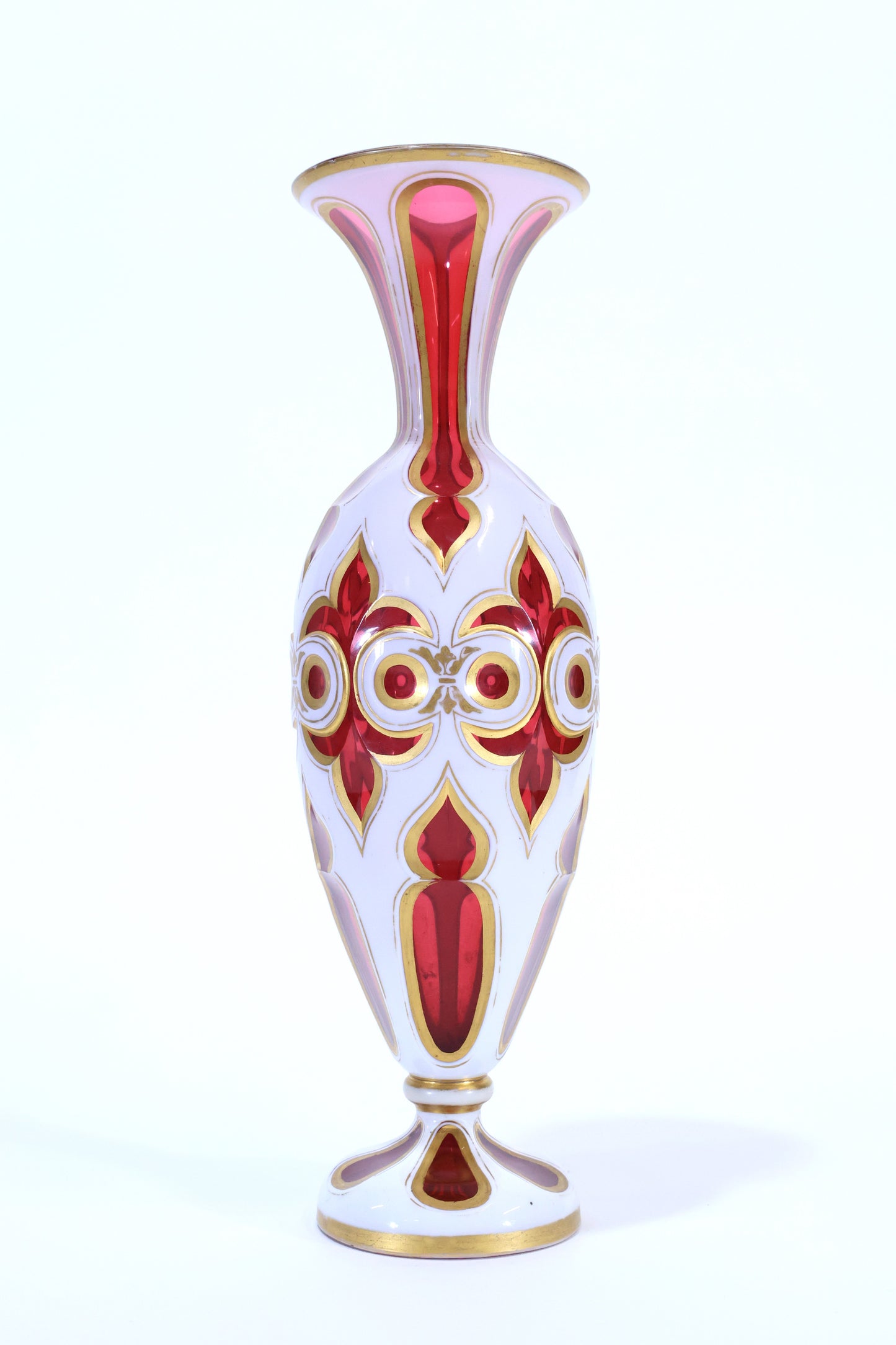 White Cut to Ruby Bohemian Glass Vase with Gilded Accents