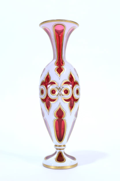 White Cut to Ruby Bohemian Glass Vase with Gilded Accents