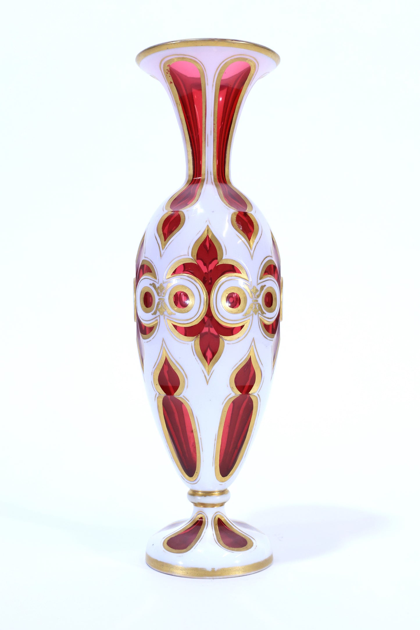 White Cut to Ruby Bohemian Glass Vase with Gilded Accents