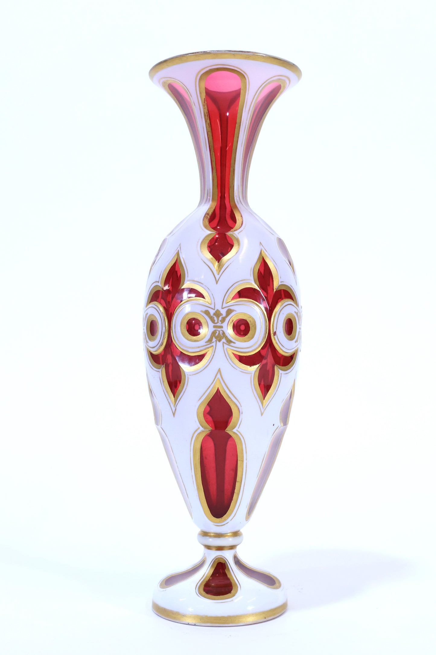 White Cut to Ruby Bohemian Glass Vase with Gilded Accents