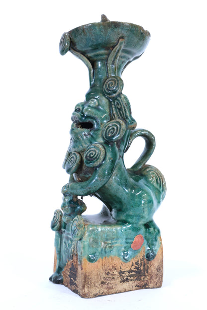 19th C. Chinese Glazed Ceramic Foo Dog Oil Lamp