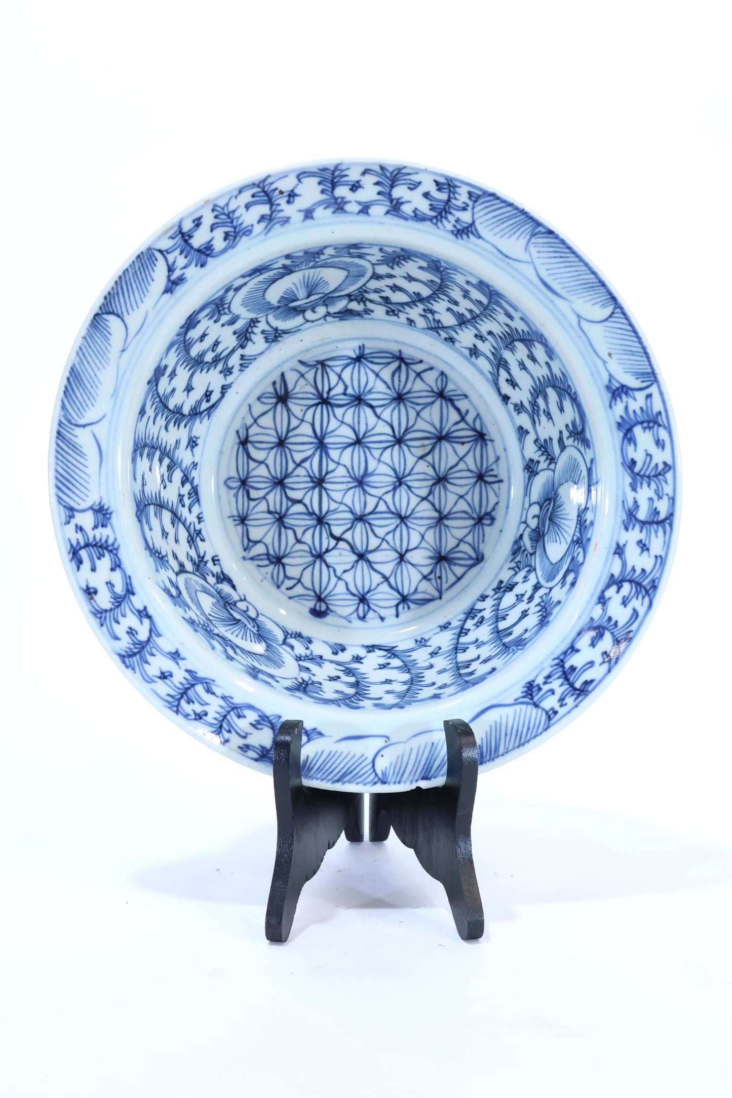 19th C. Chinese Blue and White Porcelain Bowl with Floral and Geometric Motifs