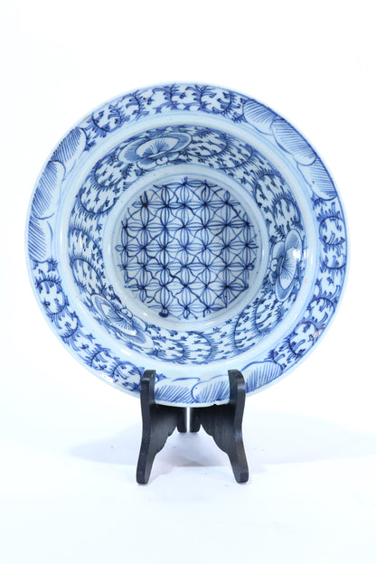 19th C. Chinese Blue and White Porcelain Bowl with Floral and Geometric Motifs