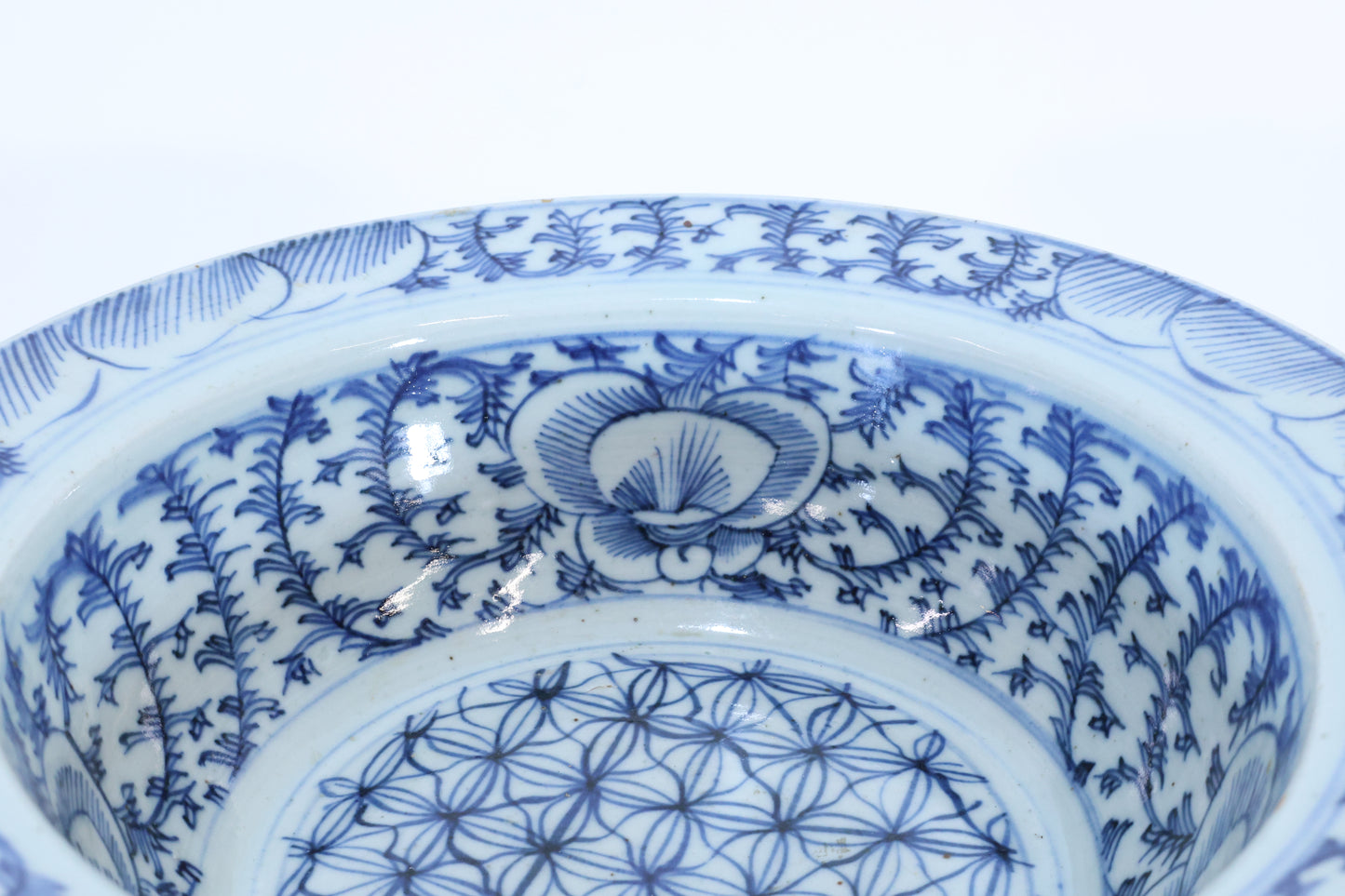 19th C. Chinese Blue and White Porcelain Bowl with Floral and Geometric Motifs