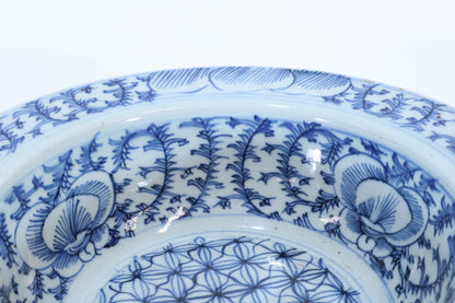 19th C. Chinese Blue and White Porcelain Bowl with Floral and Geometric Motifs