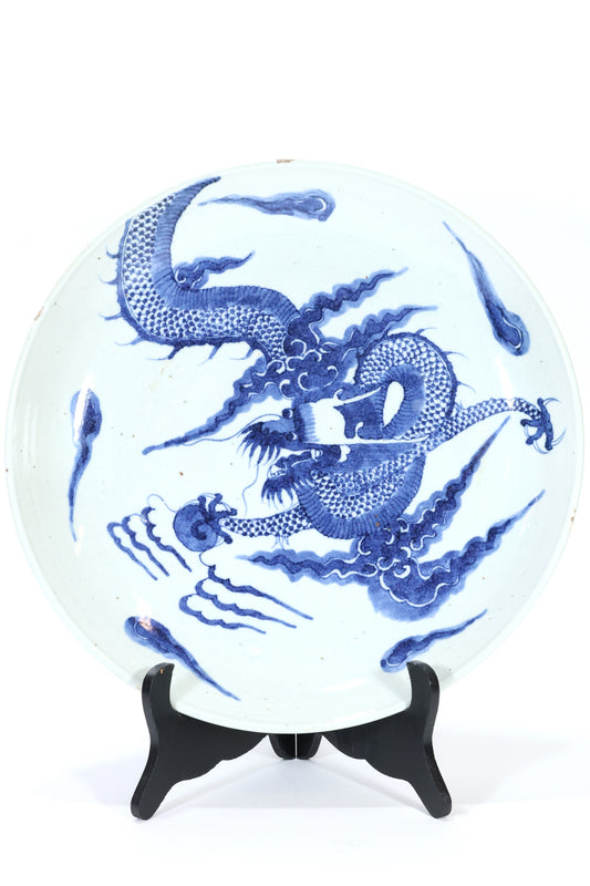 Large 18th C. Chinese Blue and White Porcelain Charger with Dragon Motif