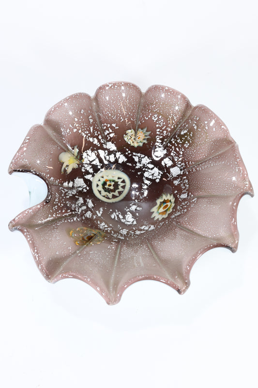 Murano Glass Centerpiece Bowl with Silver Leaf and Millefiori Decoration