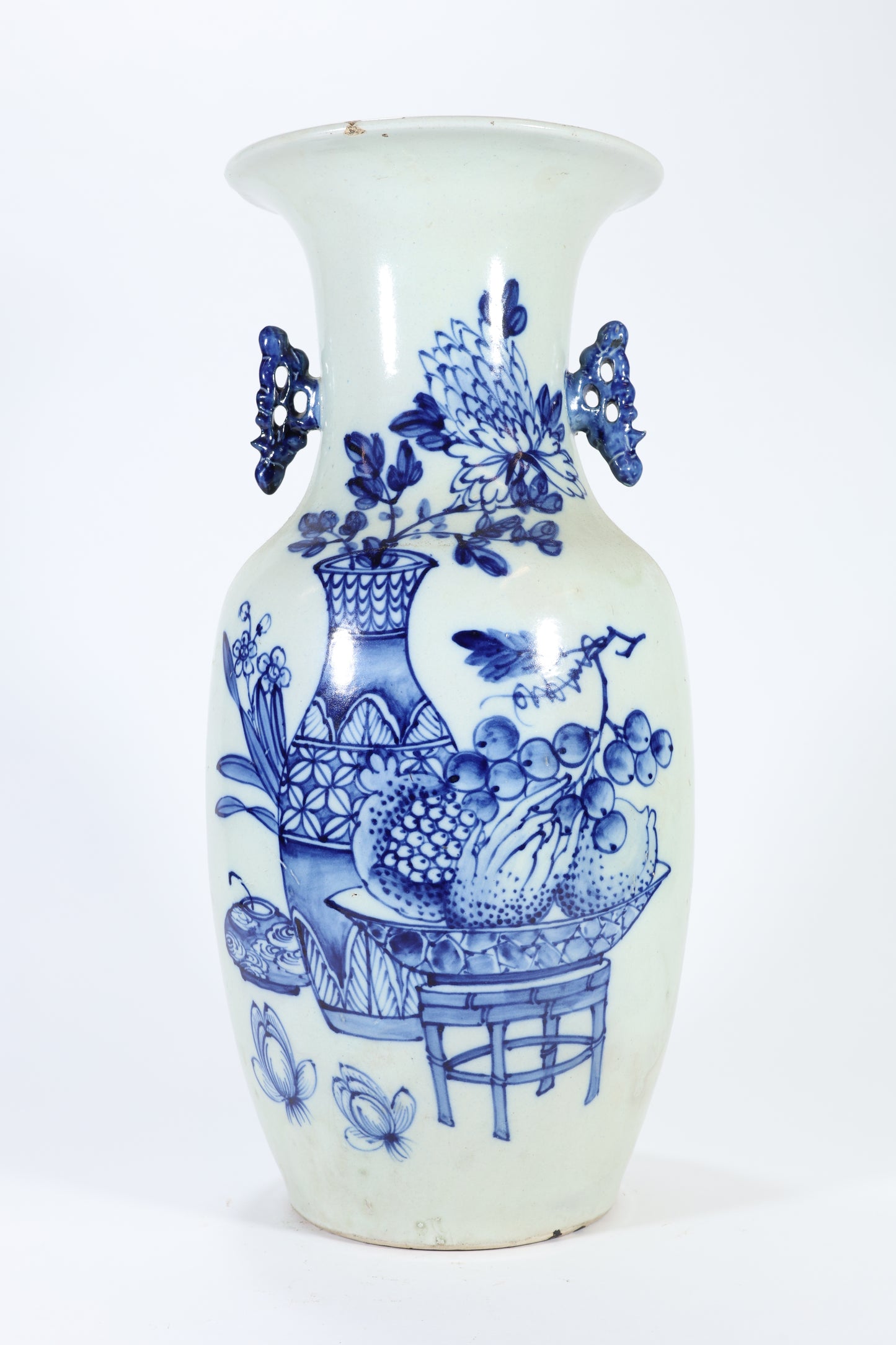 Blue and White Porcelain Vase with Pierced Handles