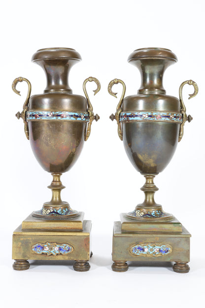 Pair of French Champlevé Enamel and Bronze Candlesticks / Urns on Stands