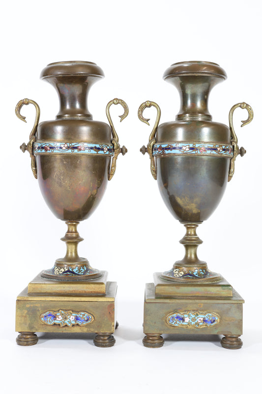 Pair of French Champlevé Enamel and Bronze Candlesticks / Urns on Stands