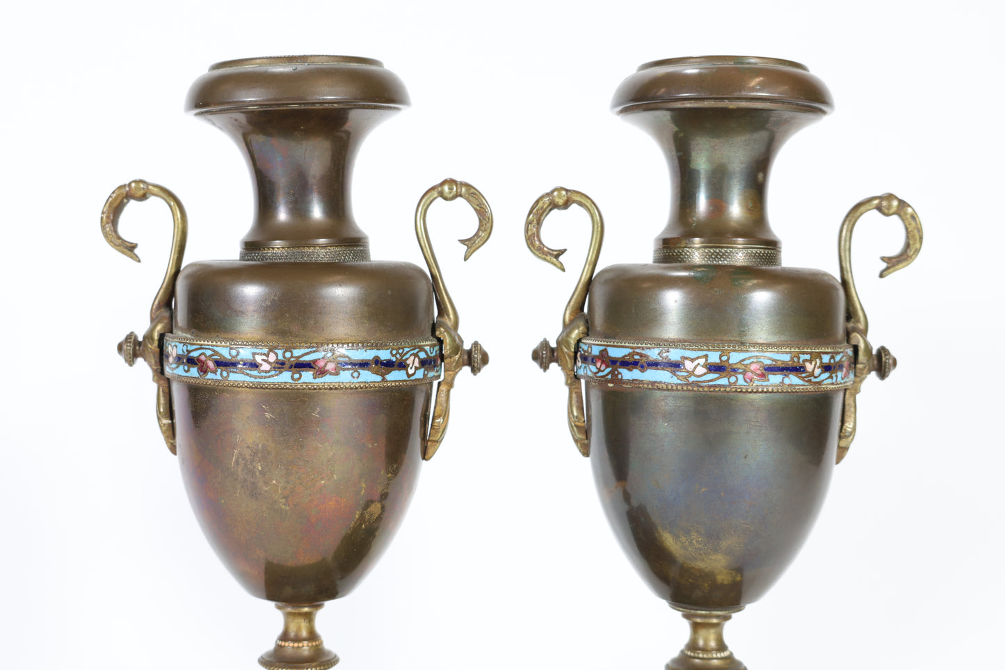 Pair of French Champlevé Enamel and Bronze Candlesticks / Urns on Stands