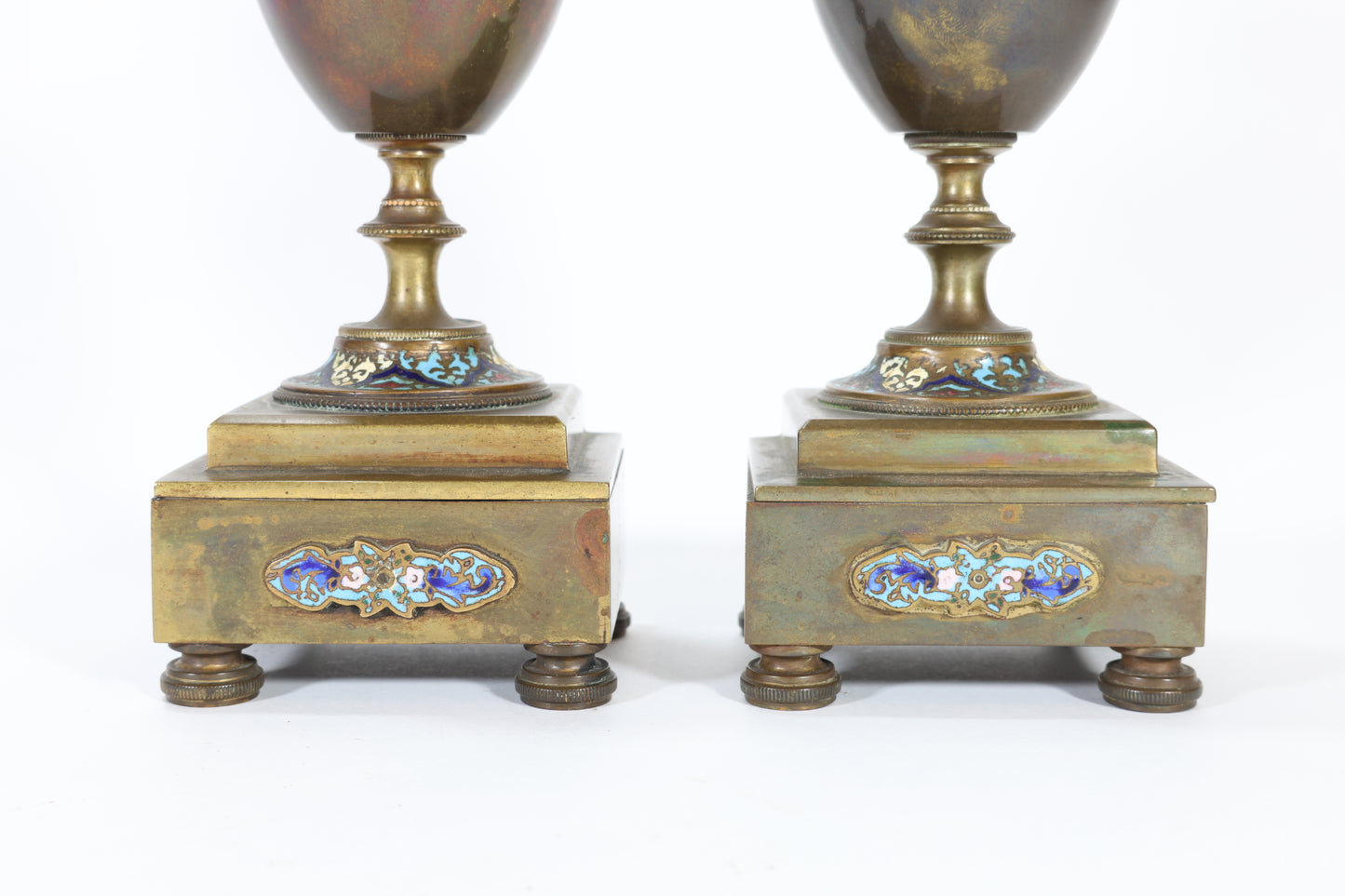 Pair of French Champlevé Enamel and Bronze Candlesticks / Urns on Stands