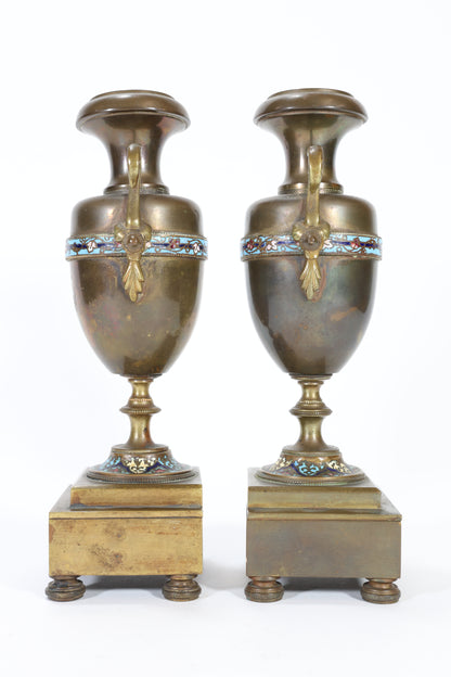 Pair of French Champlevé Enamel and Bronze Candlesticks / Urns on Stands