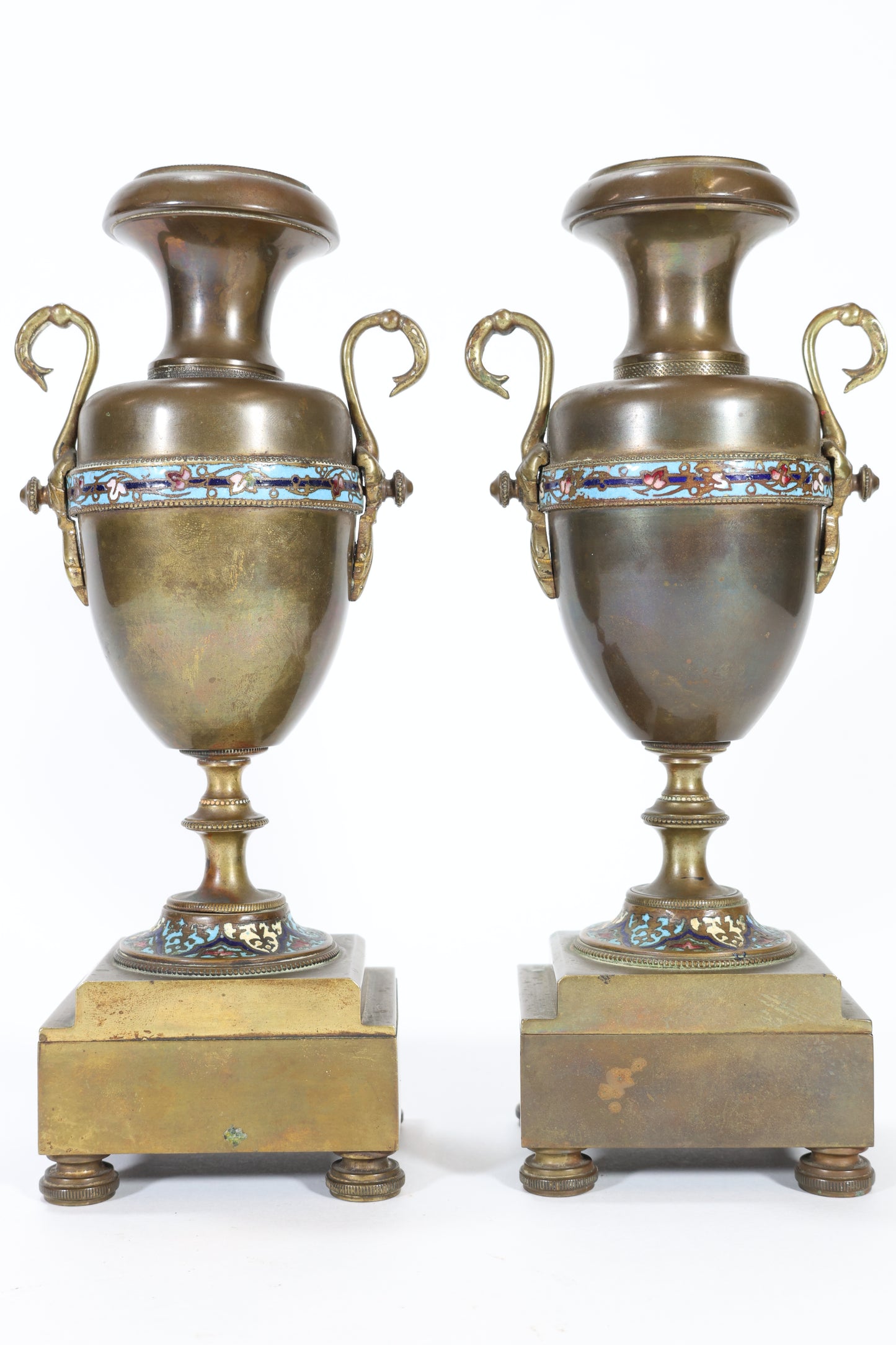 Pair of French Champlevé Enamel and Bronze Candlesticks / Urns on Stands