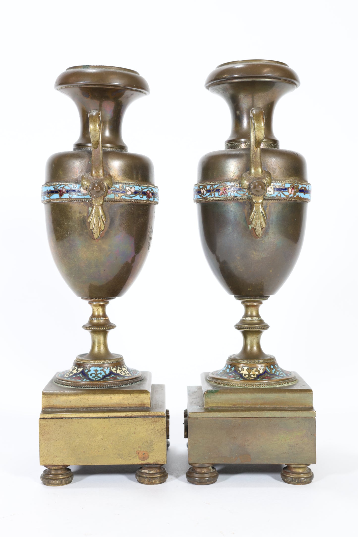 Pair of French Champlevé Enamel and Bronze Candlesticks / Urns on Stands