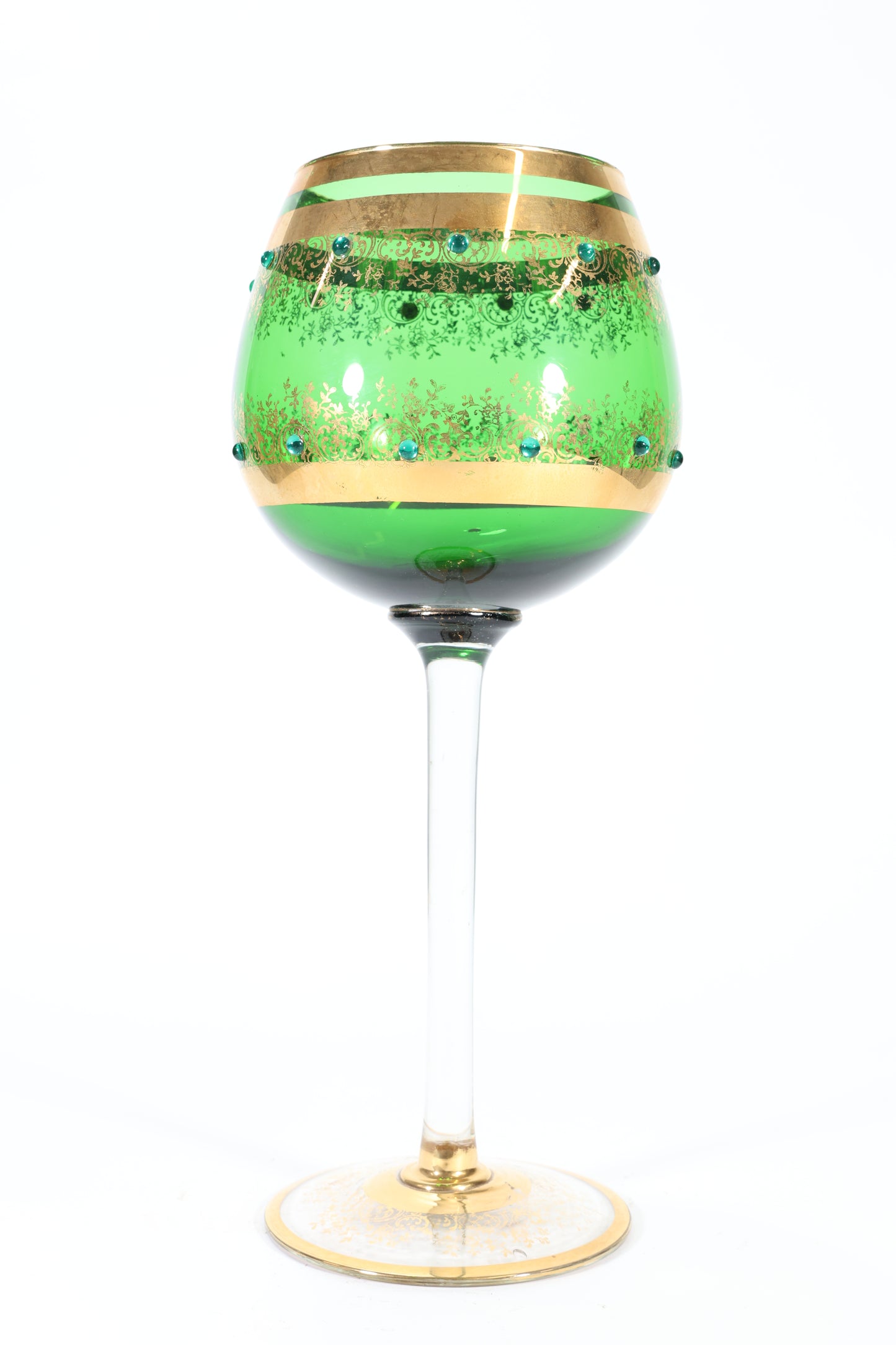 A Massive Bohemian Green Glass Goblet with Gilt and Applied Glass Bead Decoration