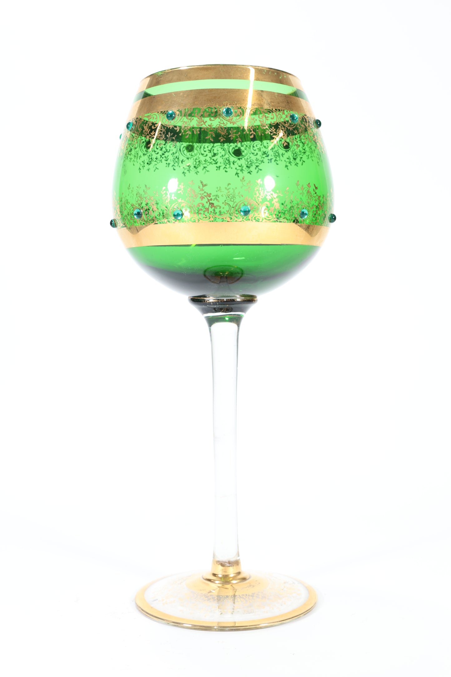 A Massive Bohemian Green Glass Goblet with Gilt and Applied Glass Bead Decoration