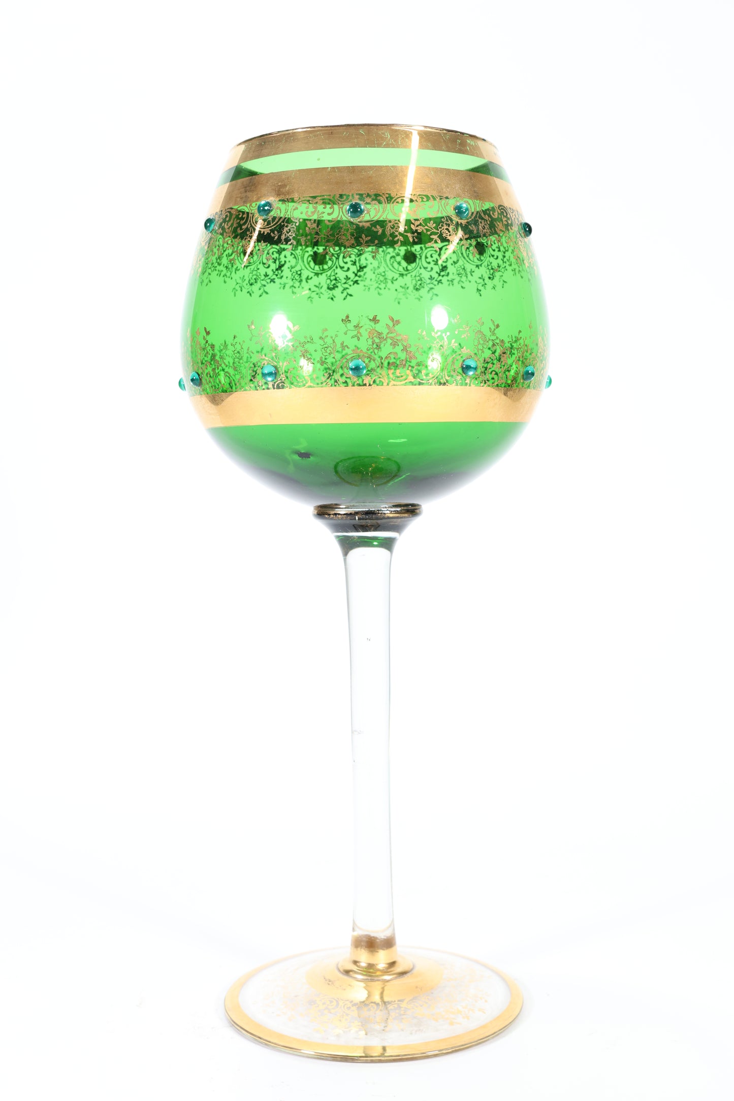 A Massive Bohemian Green Glass Goblet with Gilt and Applied Glass Bead Decoration