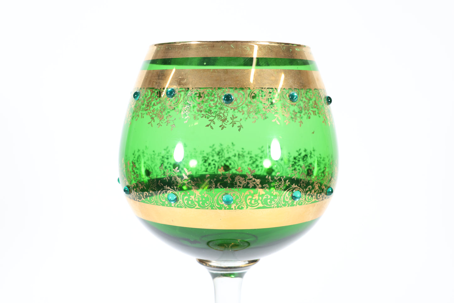 A Massive Bohemian Green Glass Goblet with Gilt and Applied Glass Bead Decoration