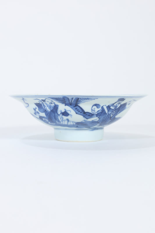 Blue and White Porcelain Bowl with Scholar and Attendant Scene