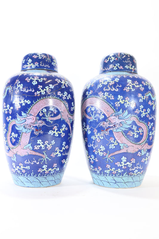 A Bookmatched Pair of Powder Blue Ground Pink & Blue Overglaze Dragon Vases