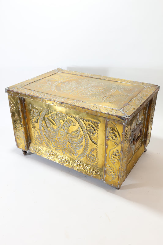 Russian Brass-Clad Storage Trunk with Repoussé Decoration