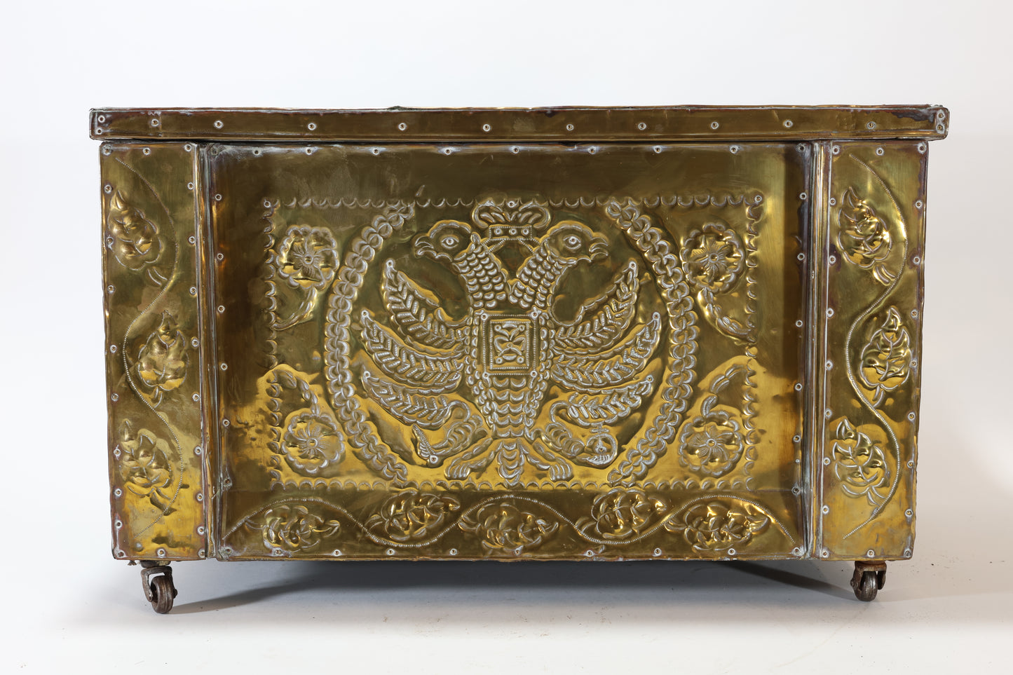 Russian Brass-Clad Storage Trunk with Repoussé Decoration