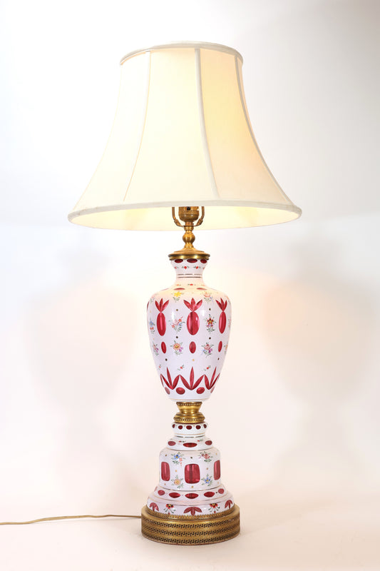 Bohemian Opaline Cut to Ruby Table Lamp with Enamel Floral Decorations