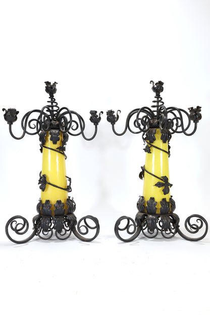 Antique French Pair of Wrought Iron and Glass Candelabra