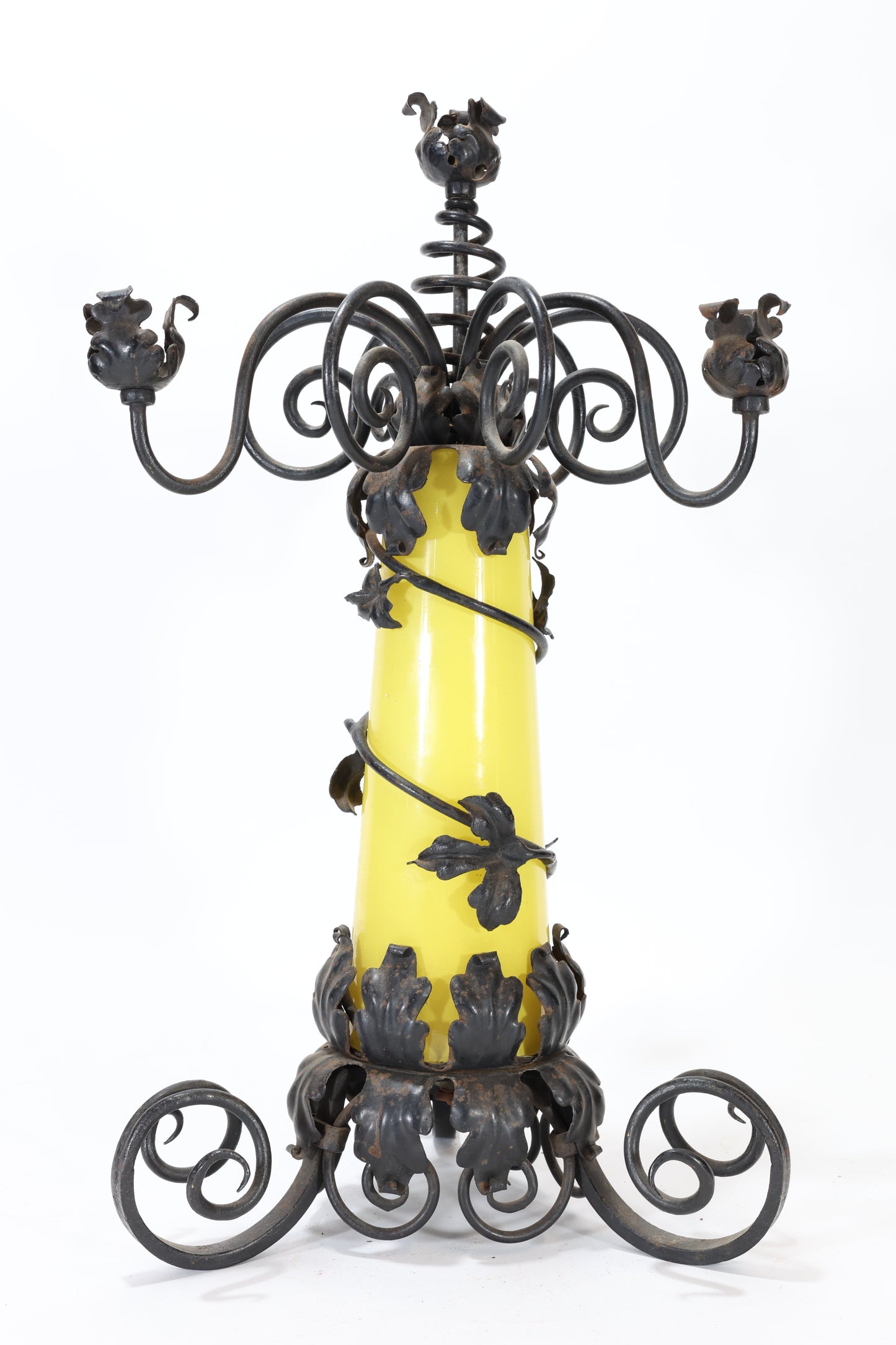 Antique French Pair of Wrought Iron and Glass Candelabra