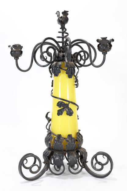 Antique French Pair of Wrought Iron and Glass Candelabra