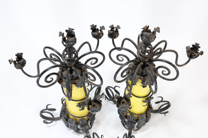 Antique French Pair of Wrought Iron and Glass Candelabra