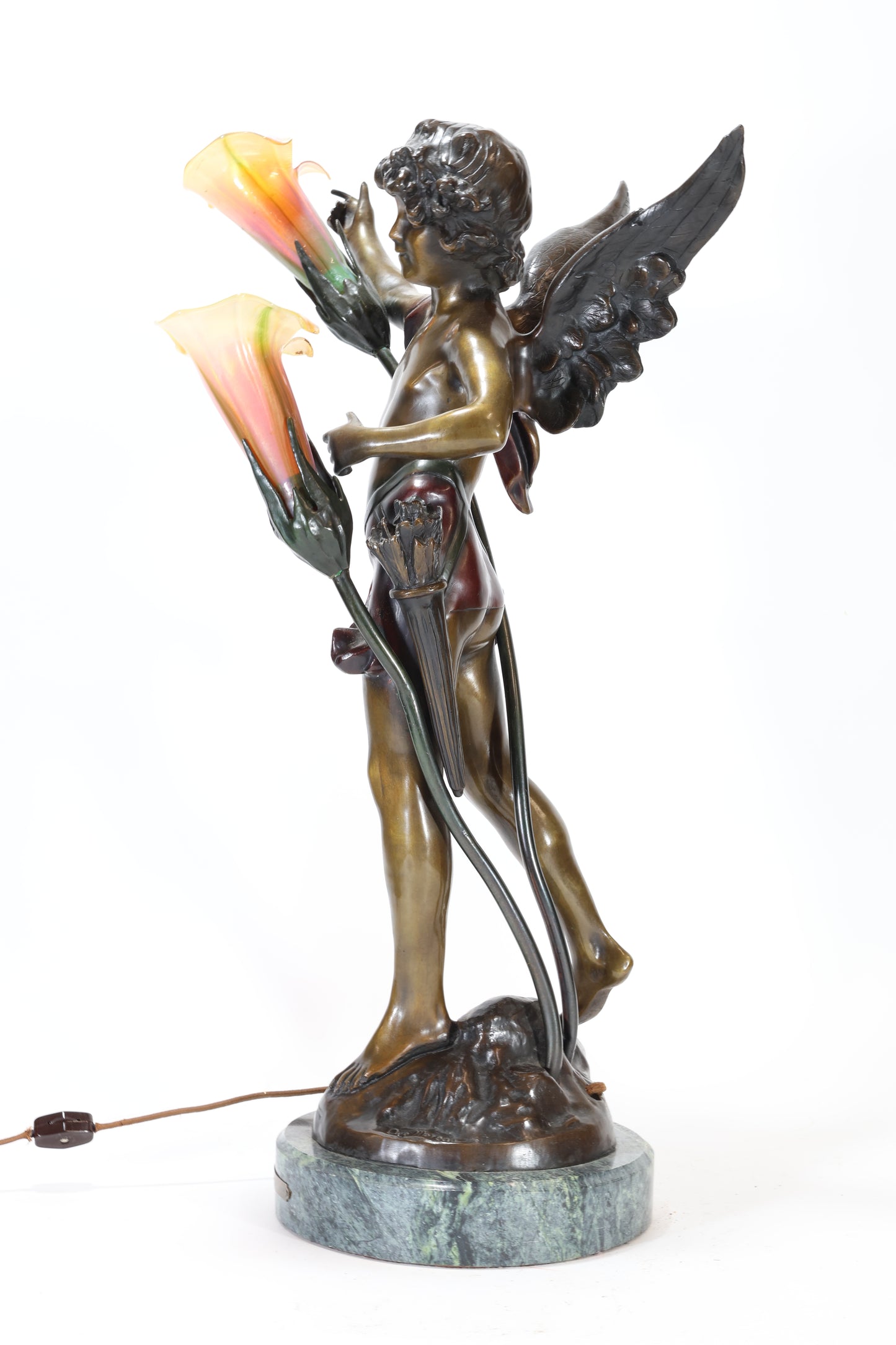 After Moreau Art Nouveau Bronze and Glass Figural Lamp