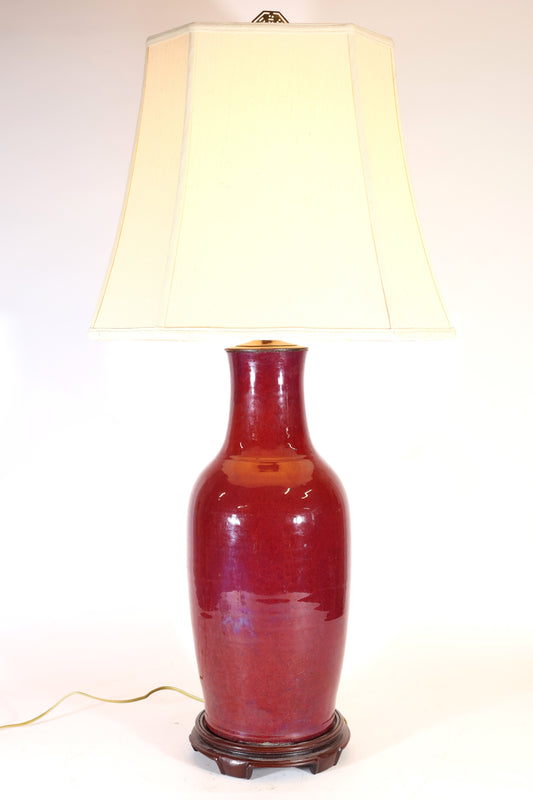 A 19th C. Chinese Oxblood-Glazed Porcelain Vase Lamp on Wooden Base