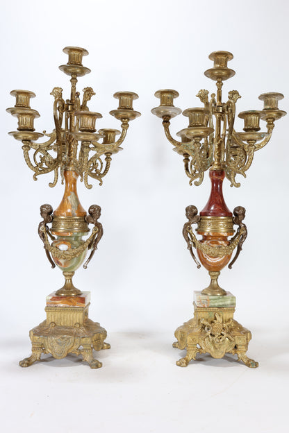 Pair of Italian Gilt Bronze and Marble Seven-Light Candelabra