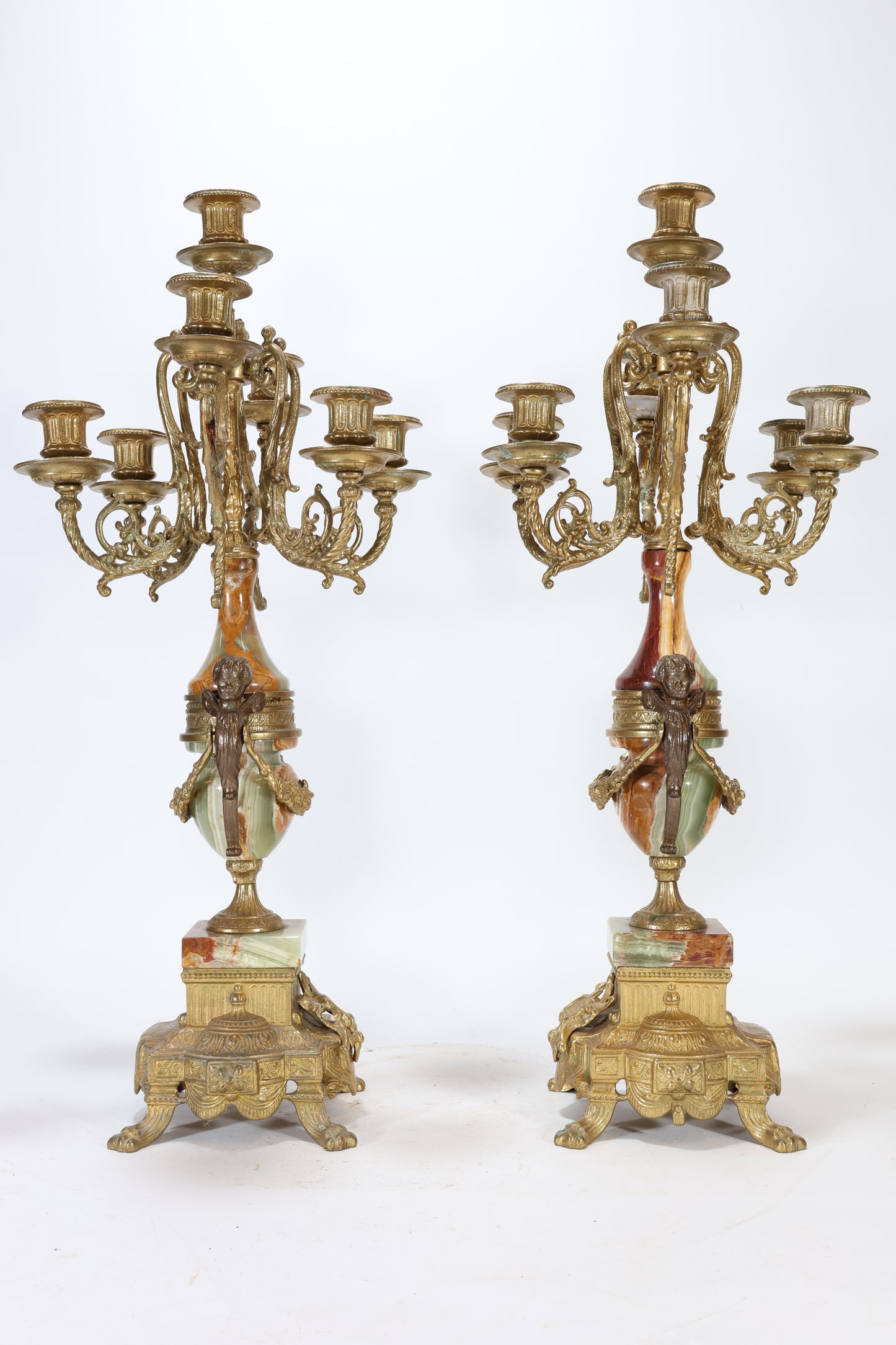 Pair of Italian Gilt Bronze and Marble Seven-Light Candelabra