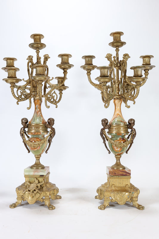 Pair of Italian Gilt Bronze and Marble Seven-Light Candelabra