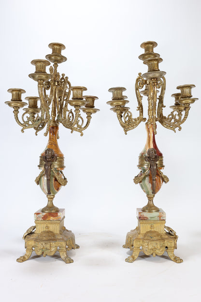 Pair of Italian Gilt Bronze and Marble Seven-Light Candelabra