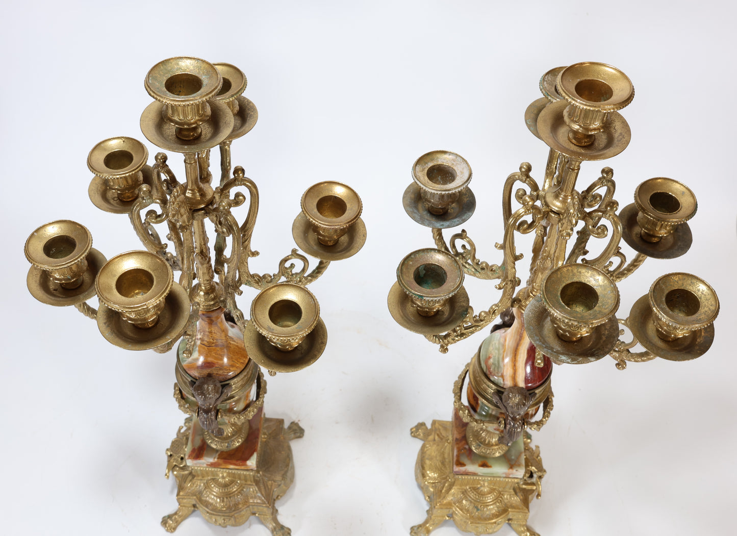 Pair of Italian Gilt Bronze and Marble Seven-Light Candelabra